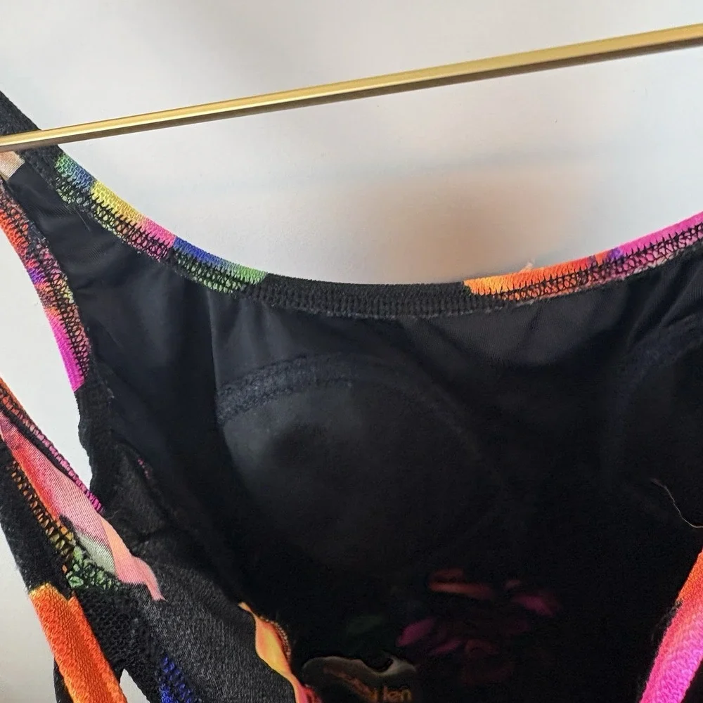 Vintage 80's Nylon Mesh Black Floral Pink One Piece Swimsuit Robby len Size 10 M